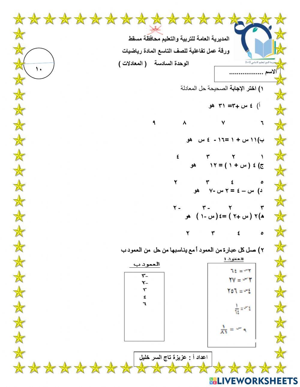 درس المعادلات الصف التاسع الوحدة 6 منهج سلطنة عمان  : اعداد أ : عزيزة تاج السر 
