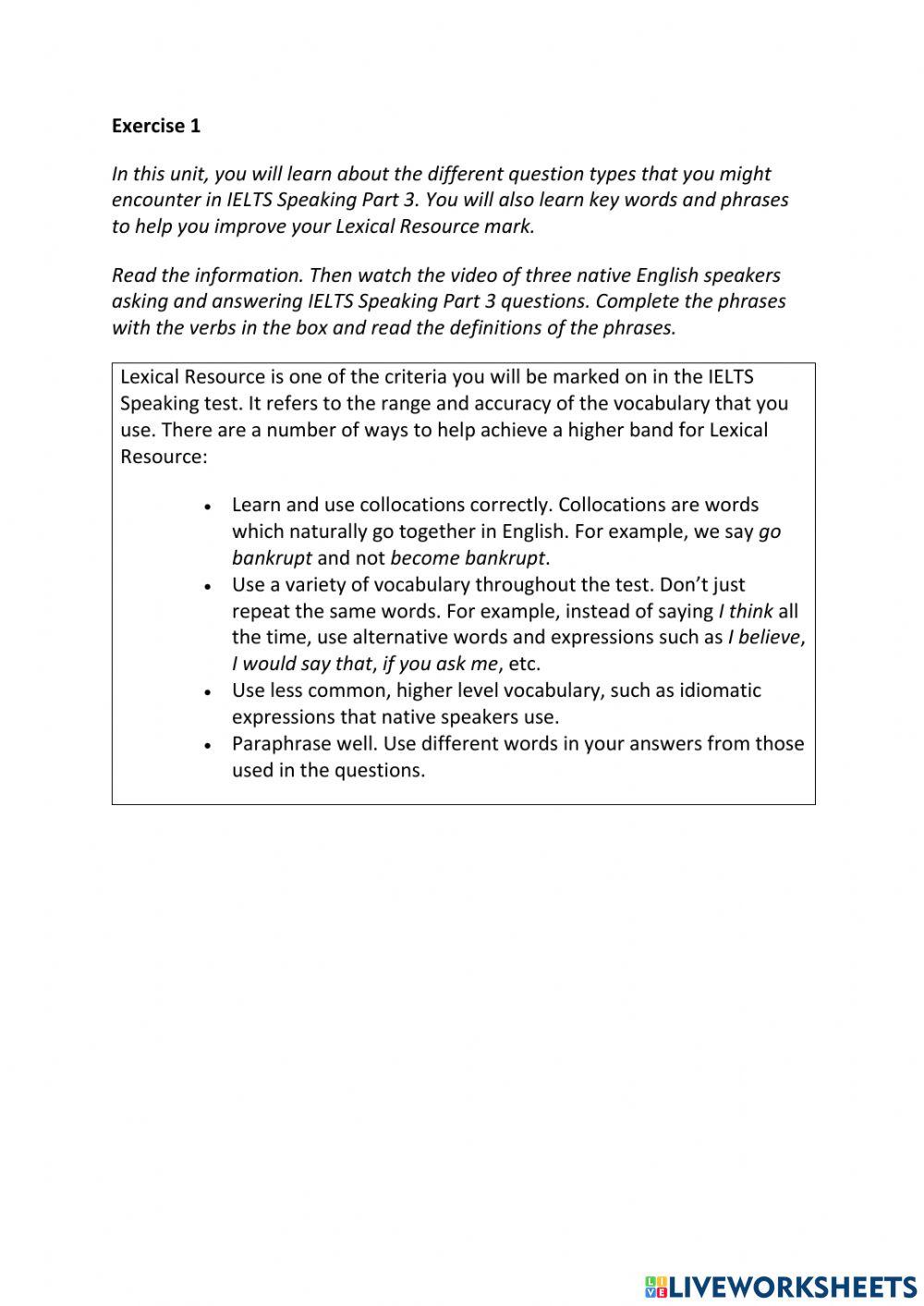 IE3, Unit 4, Speaking, Exercise 1
