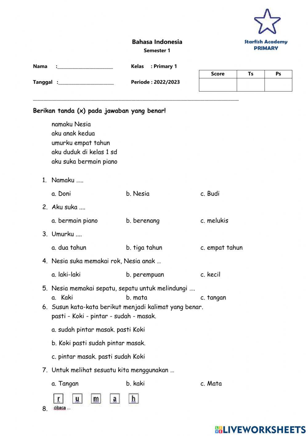 P1 Evaluation 2 Semester 1 Bahasa Indonesia