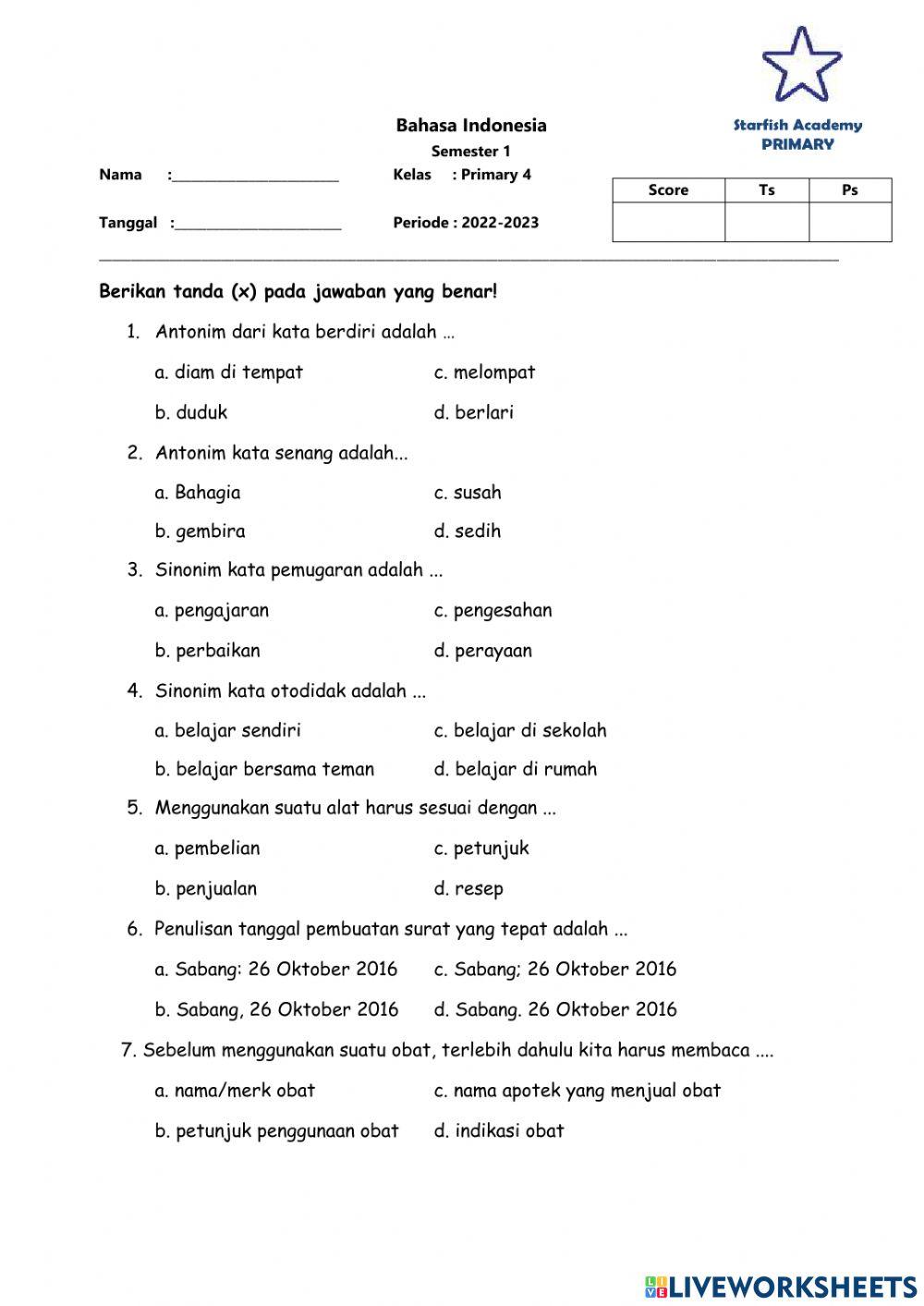 P4 Bahasa Indonesia Evaluation 2 Semester 1