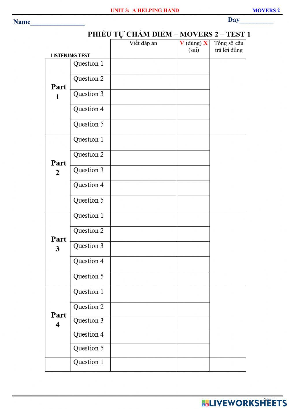 Movers 2 - U3 - Test 1 - Listening - PHIẾU CHẤM ĐIỂM THI