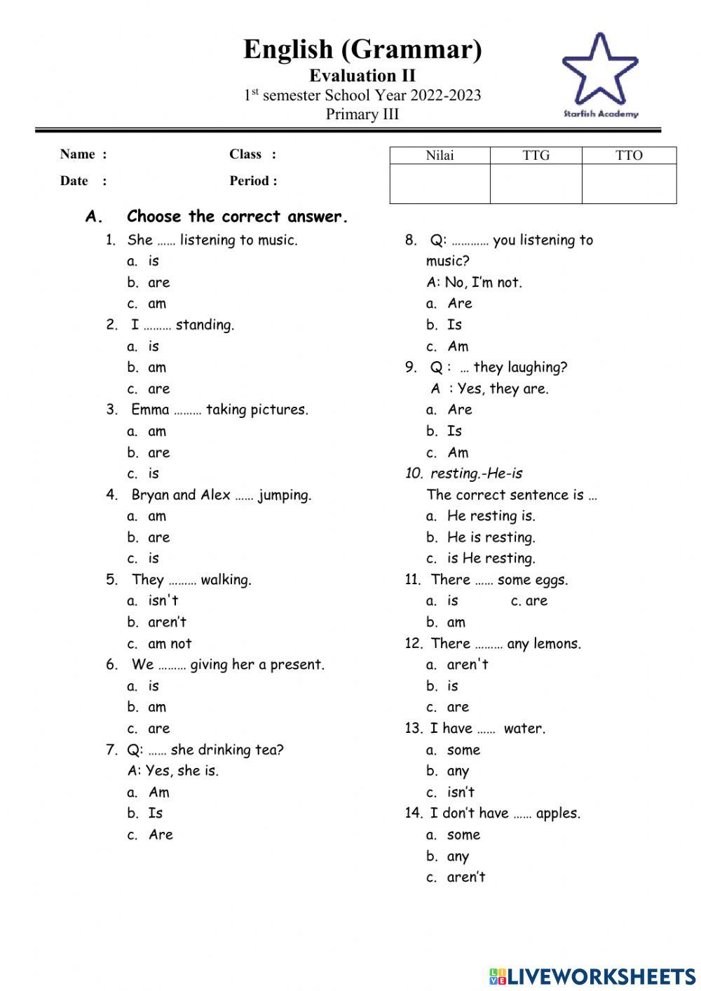 P3 Grammar and Writing Semester 1 test