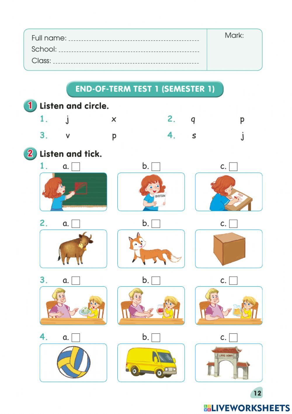 Tiếng Anh 2 - Đề thi học kì 1 - Đề 1