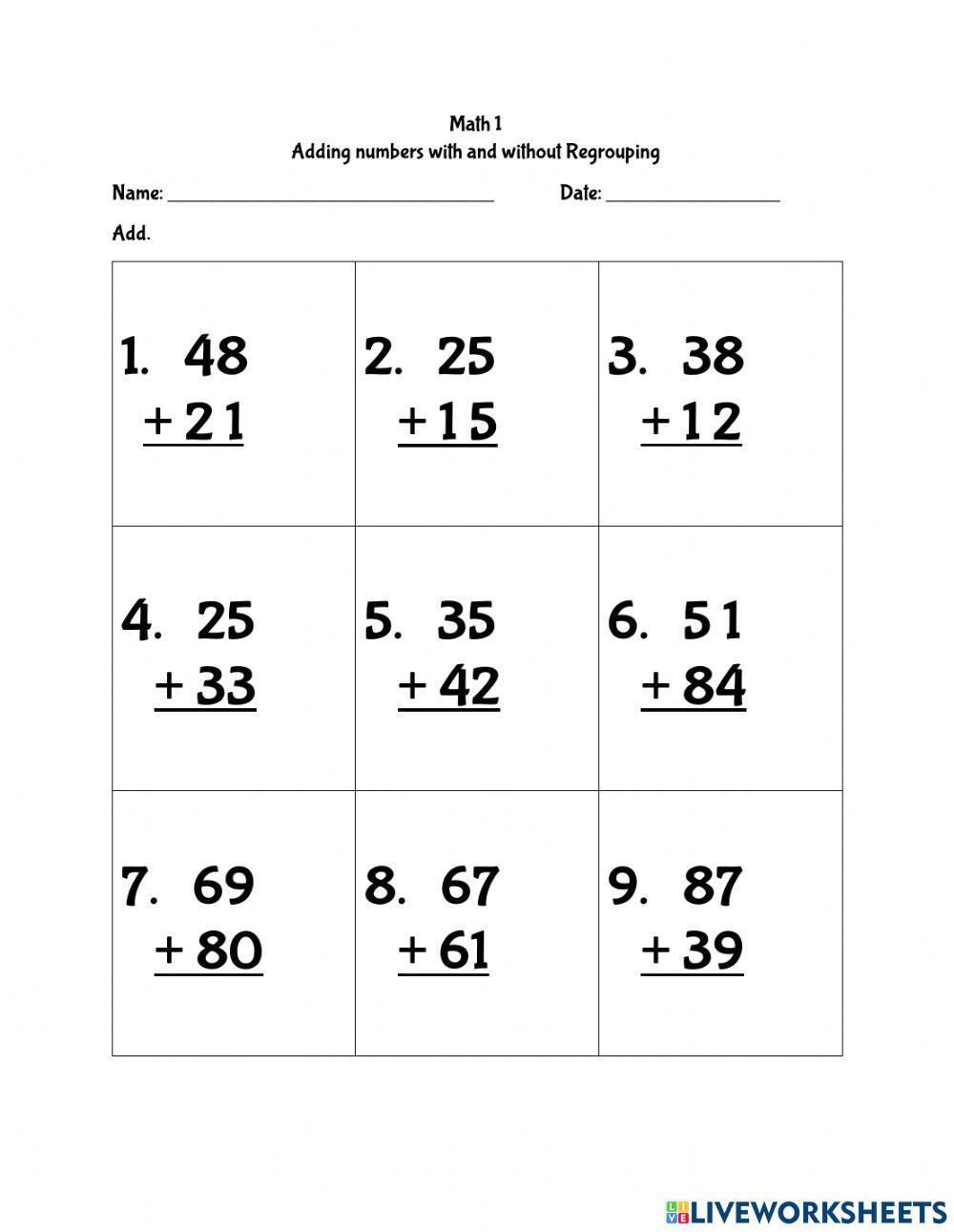 Adding numbers with and without Regrouping