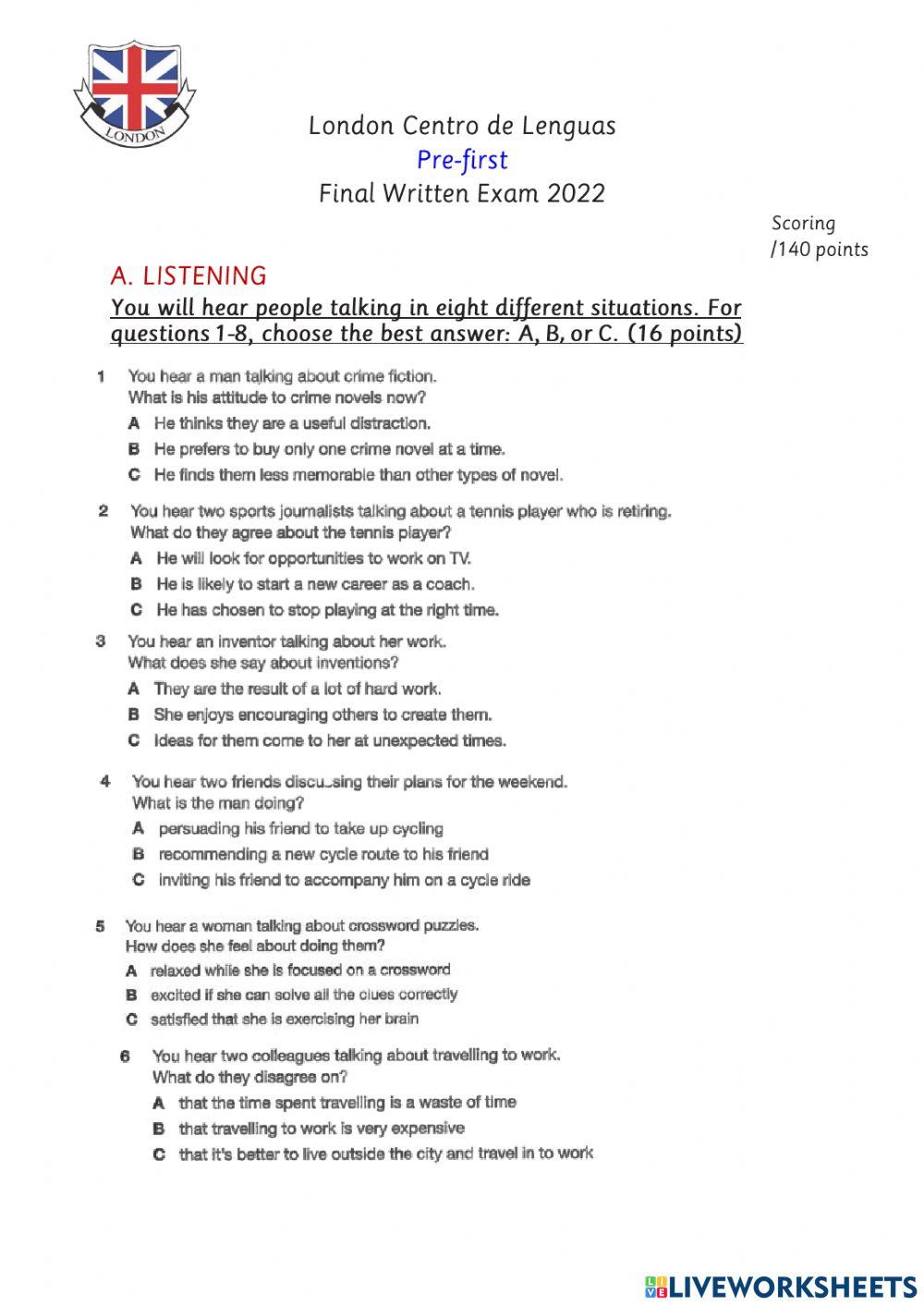 Final Exam - Pre-first