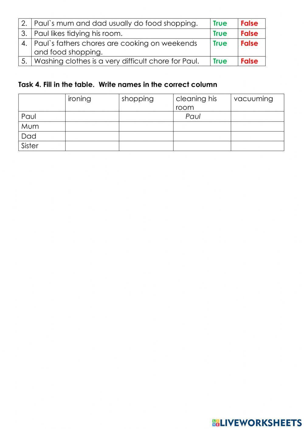 Reading comprehension “Household chores”.