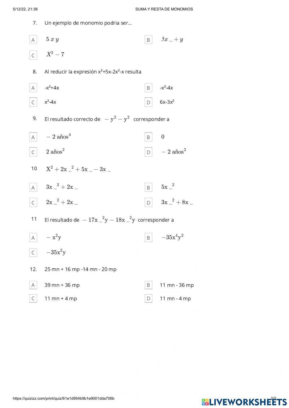 Suma y Resta de Monomios
