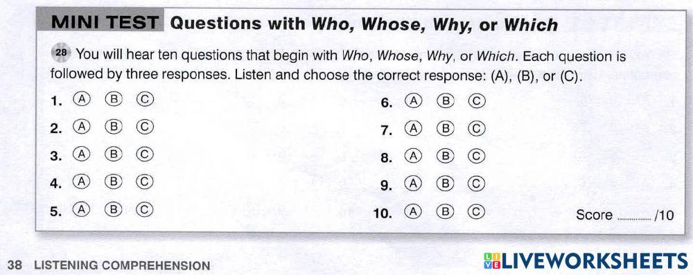 P2 Wh-question Mini test (p.38)