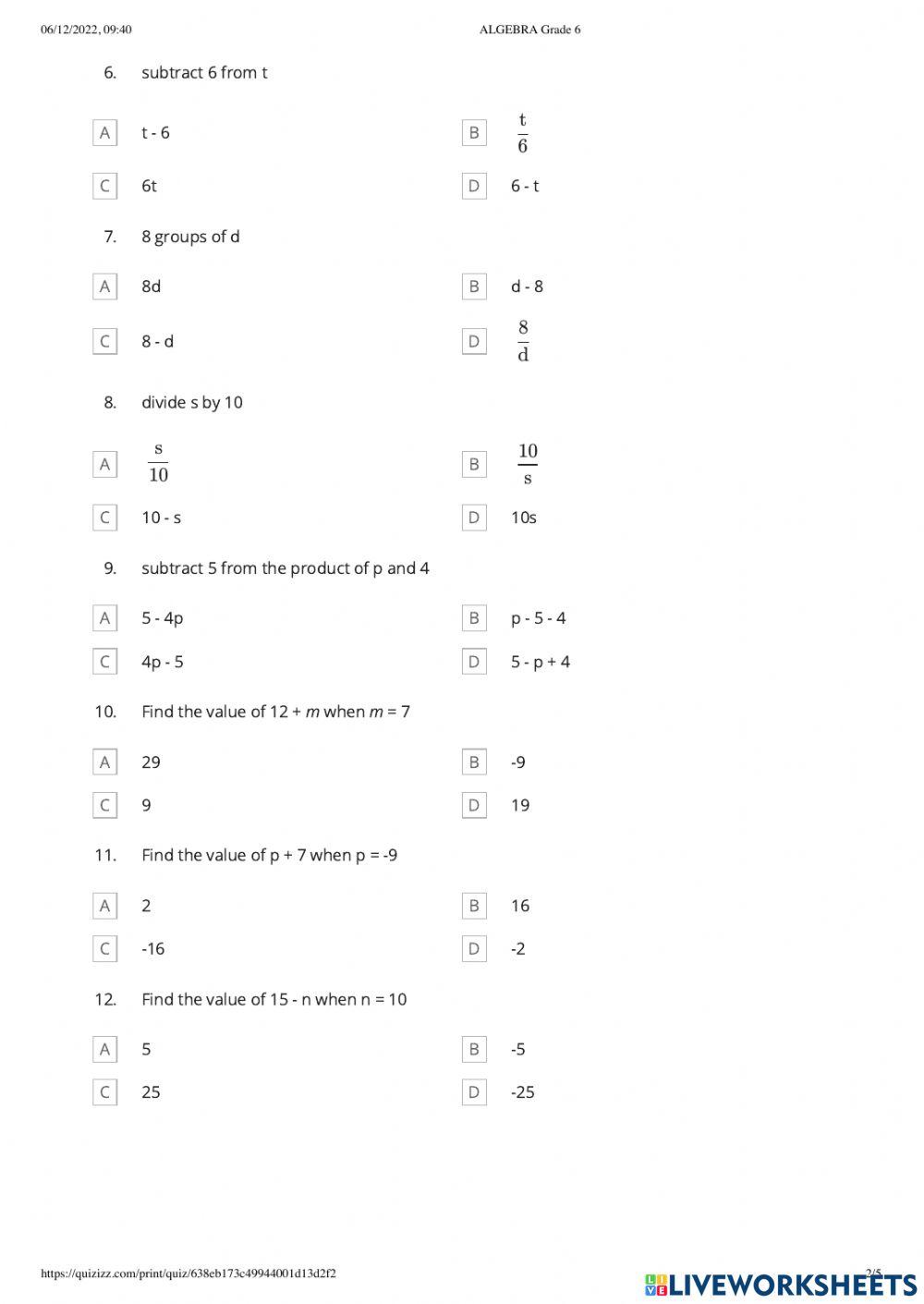 Algebra Grade VI