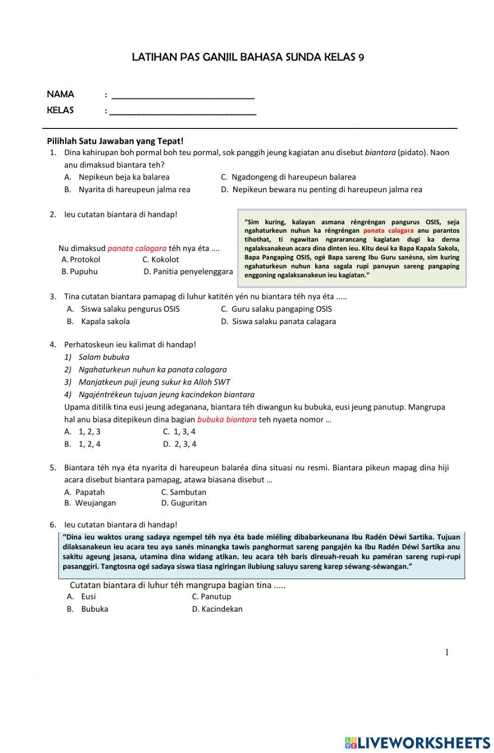 Latihan pas bahasa sunda 9