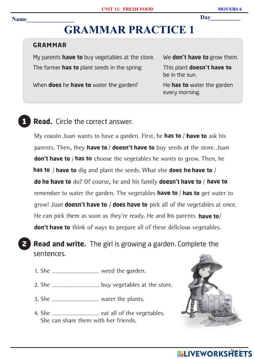 Movers 6 - U11 - Grammar Practice 1