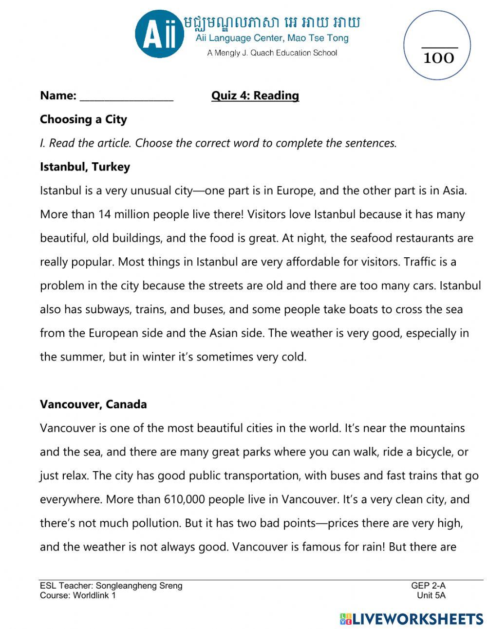 WL1 3rd Ed Quiz 4 Reading U7B