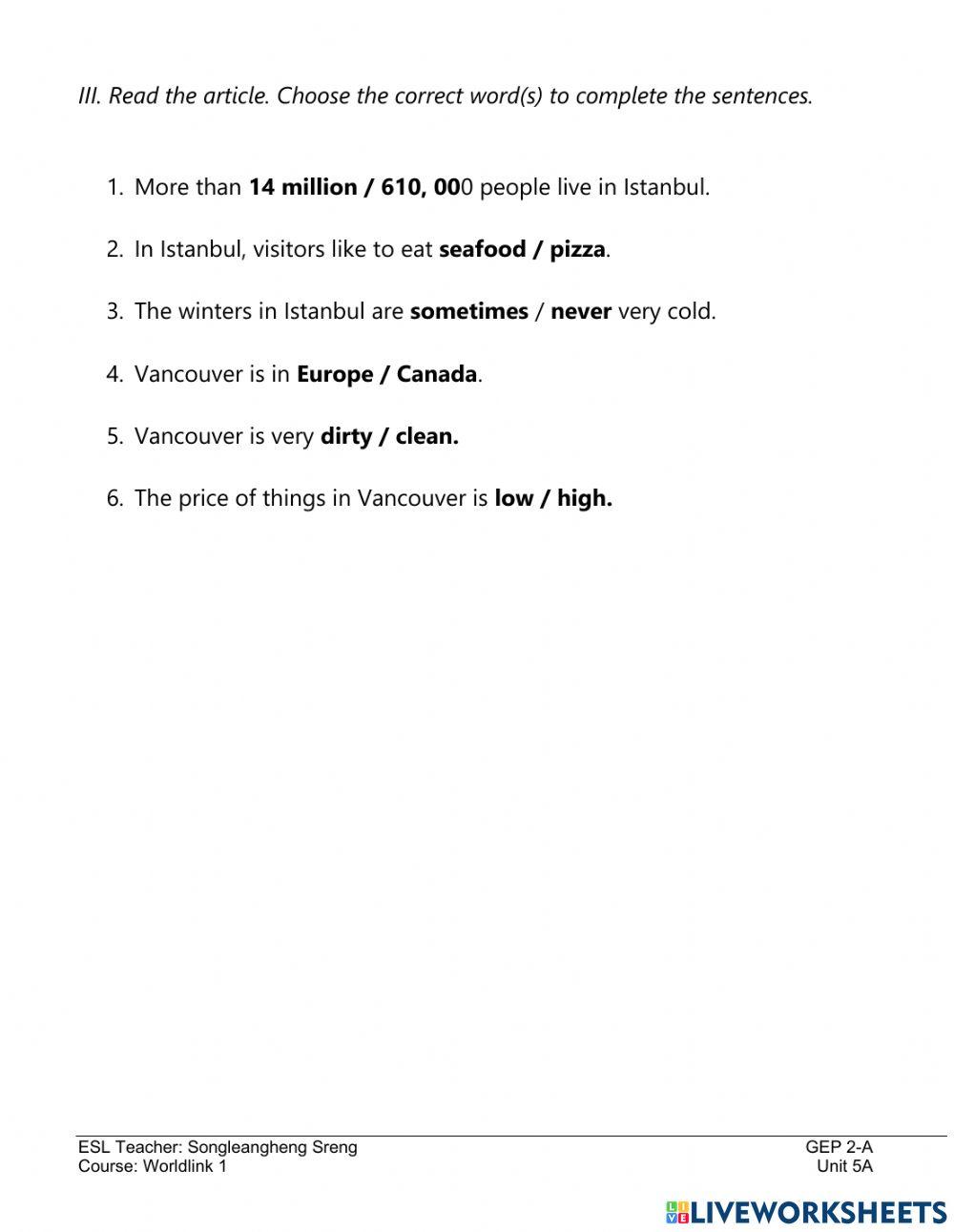 WL1 3rd Ed Quiz 4 Reading U7B
