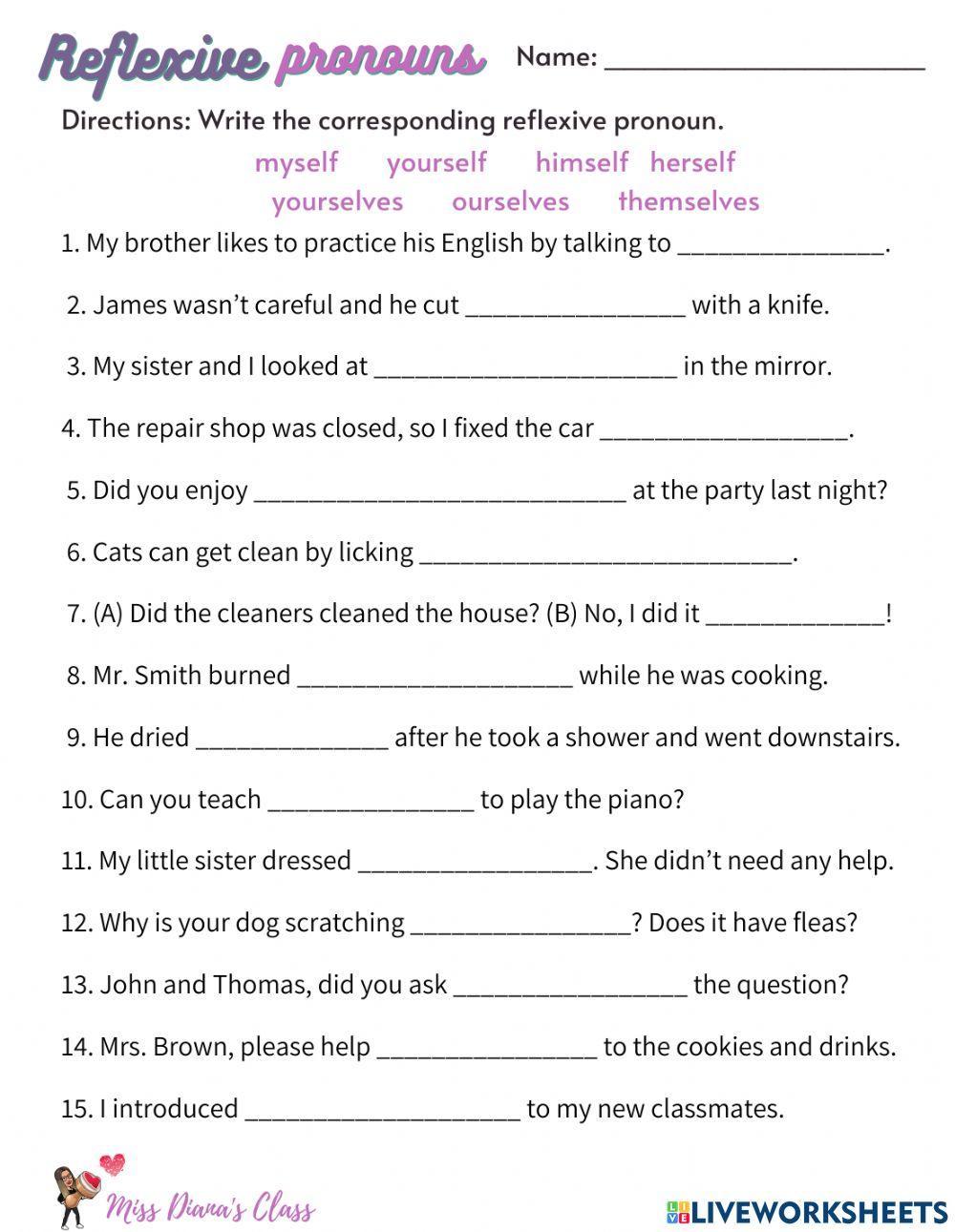 Reflexive And Emphatic Pronouns Worksheet Reflexive And Emphatic Pronouns Worksheet