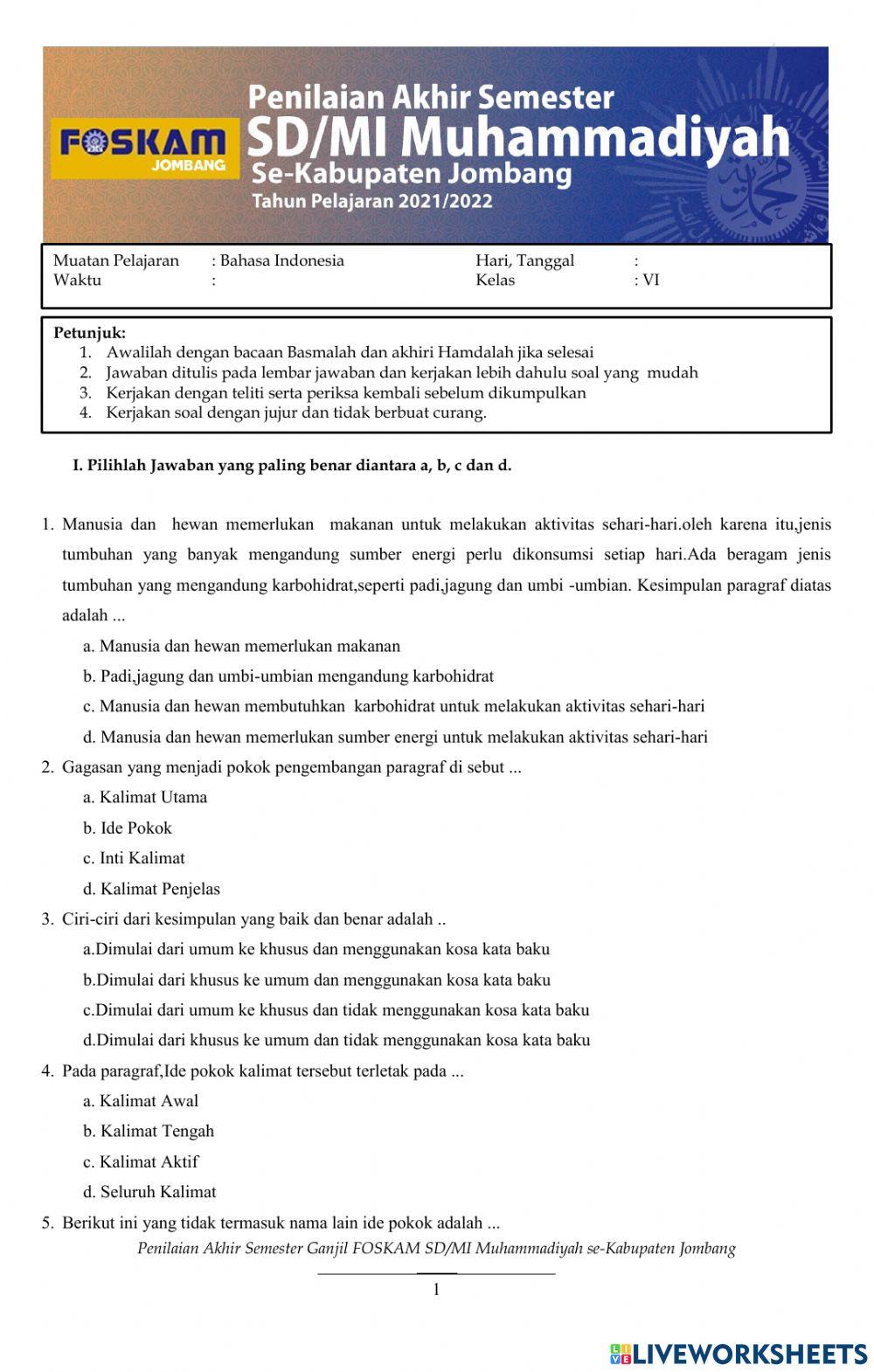PAS Tema 1 muatan pelajaran BI