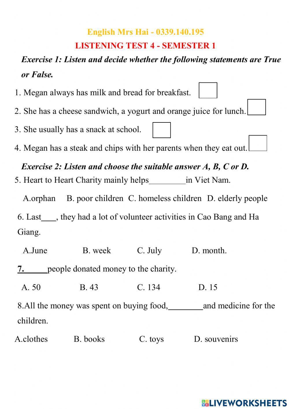 Tiếng Anh 7 - Listening Test 4 - cuối kì 1