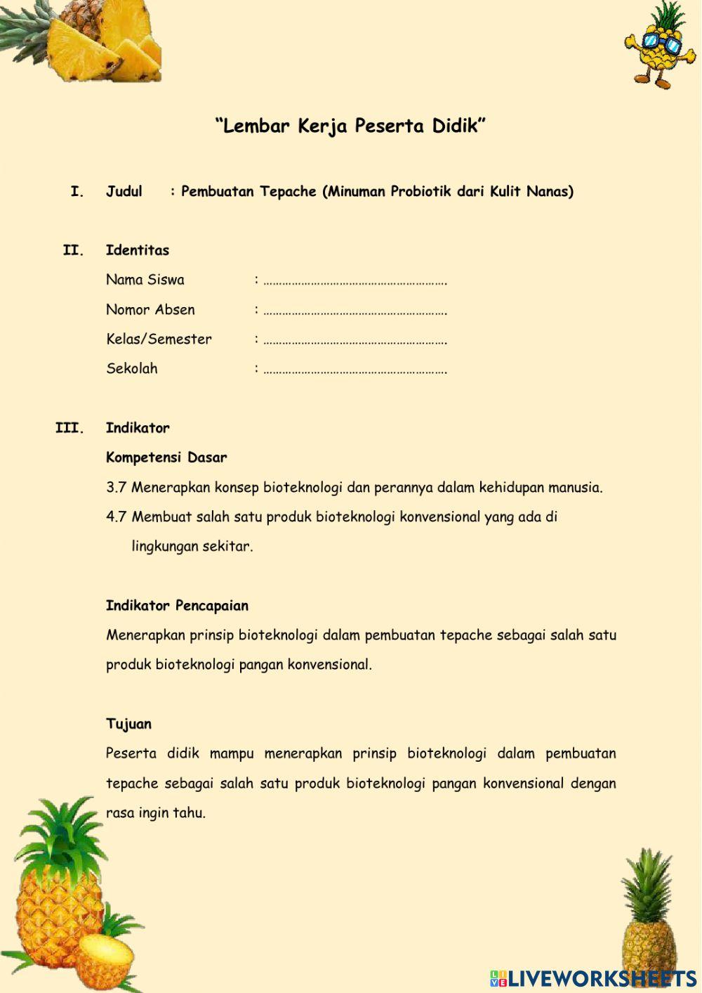 LKPD Proses Pembuatan Tepache Kuit Buah Nanas-Materi Bioteknologi-IPA Kelas IX SMP