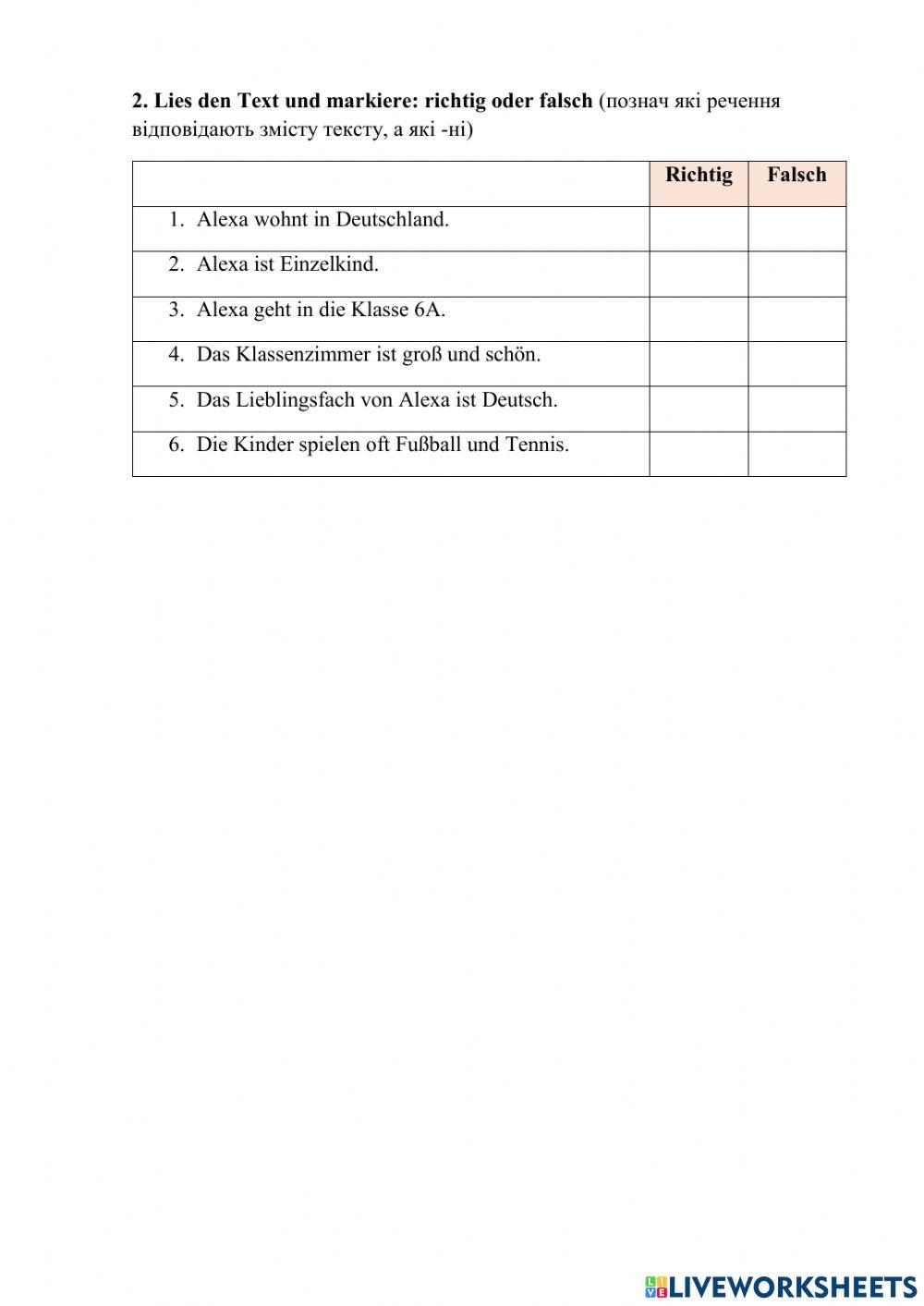 Lesen  Kontrollarbeit 5. Klasse (II. Fremdsprache)