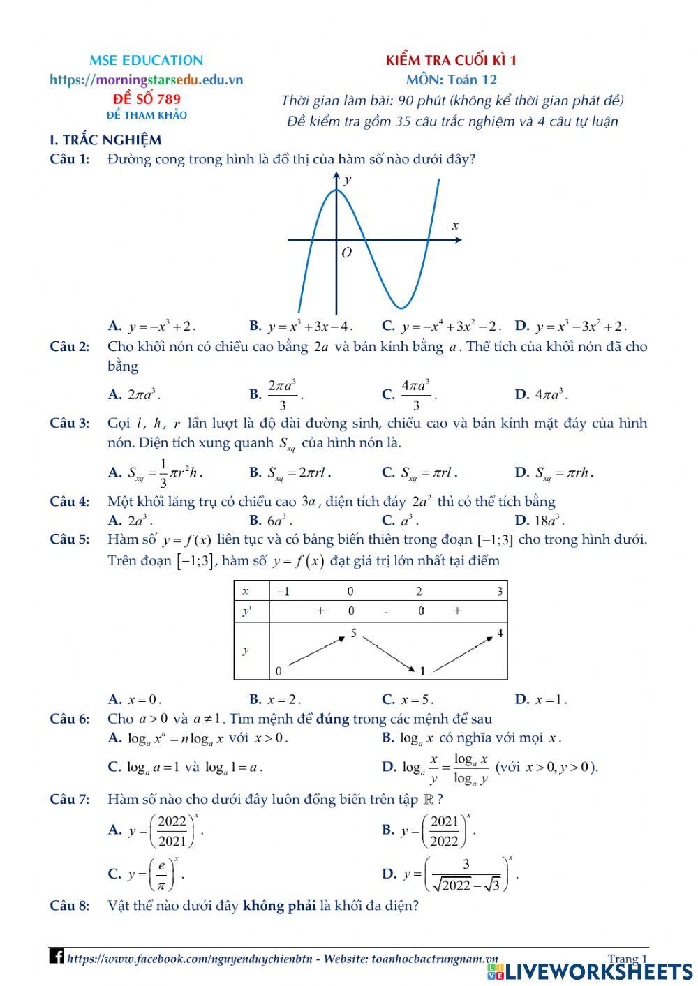 Toán 12 - Kiểm tra CK1 - Đề số 03 - PBC 2022