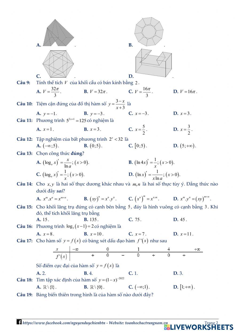 Toán 12 - Kiểm tra CK1 - Đề số 03 - PBC 2022