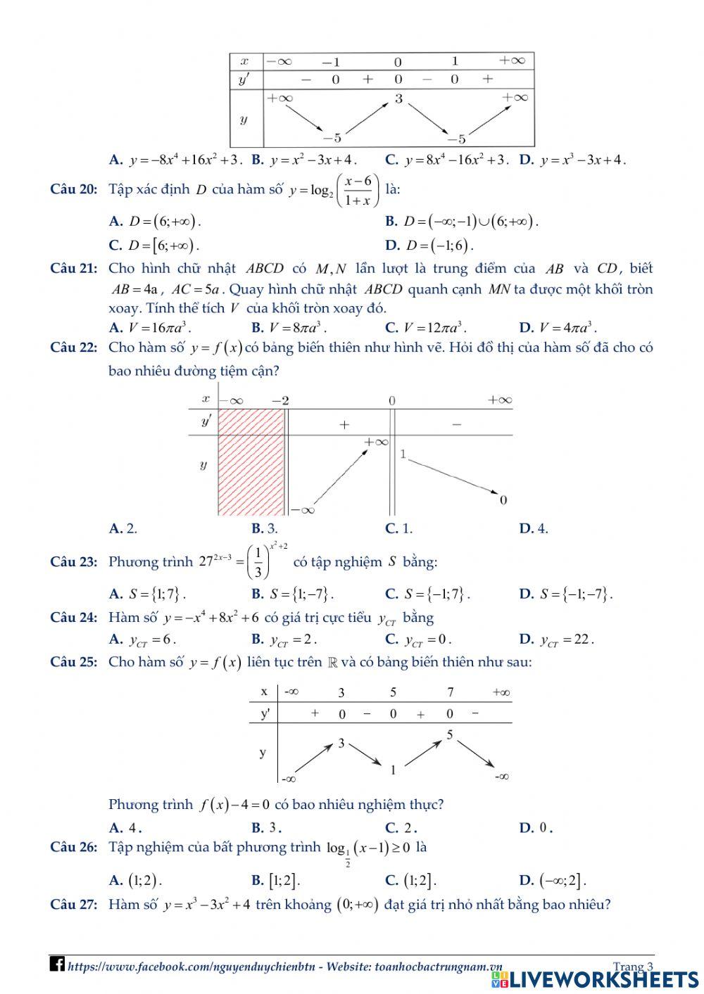 Toán 12 - Kiểm tra CK1 - Đề số 03 - PBC 2022
