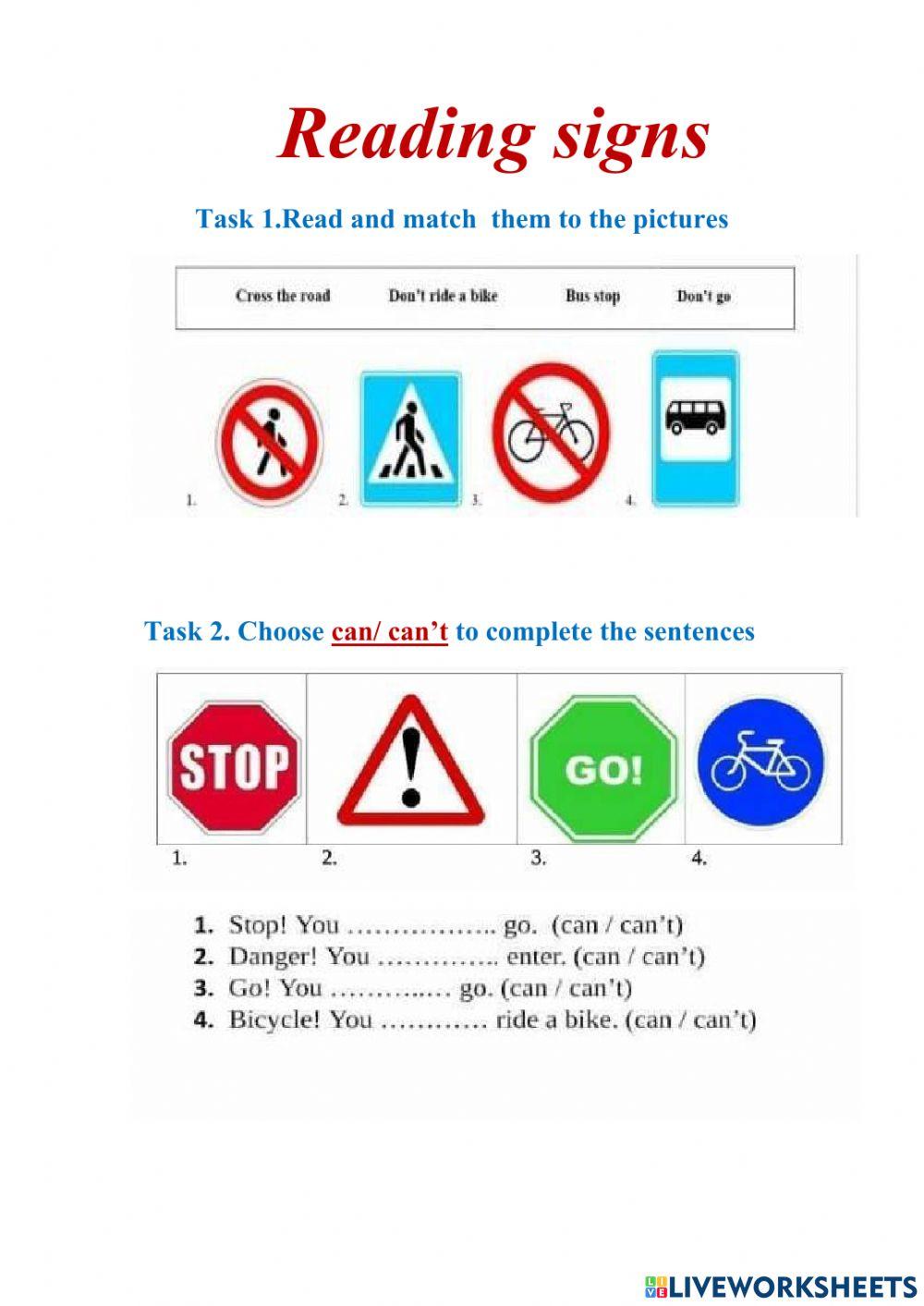 Reading signs activity | Live Worksheets