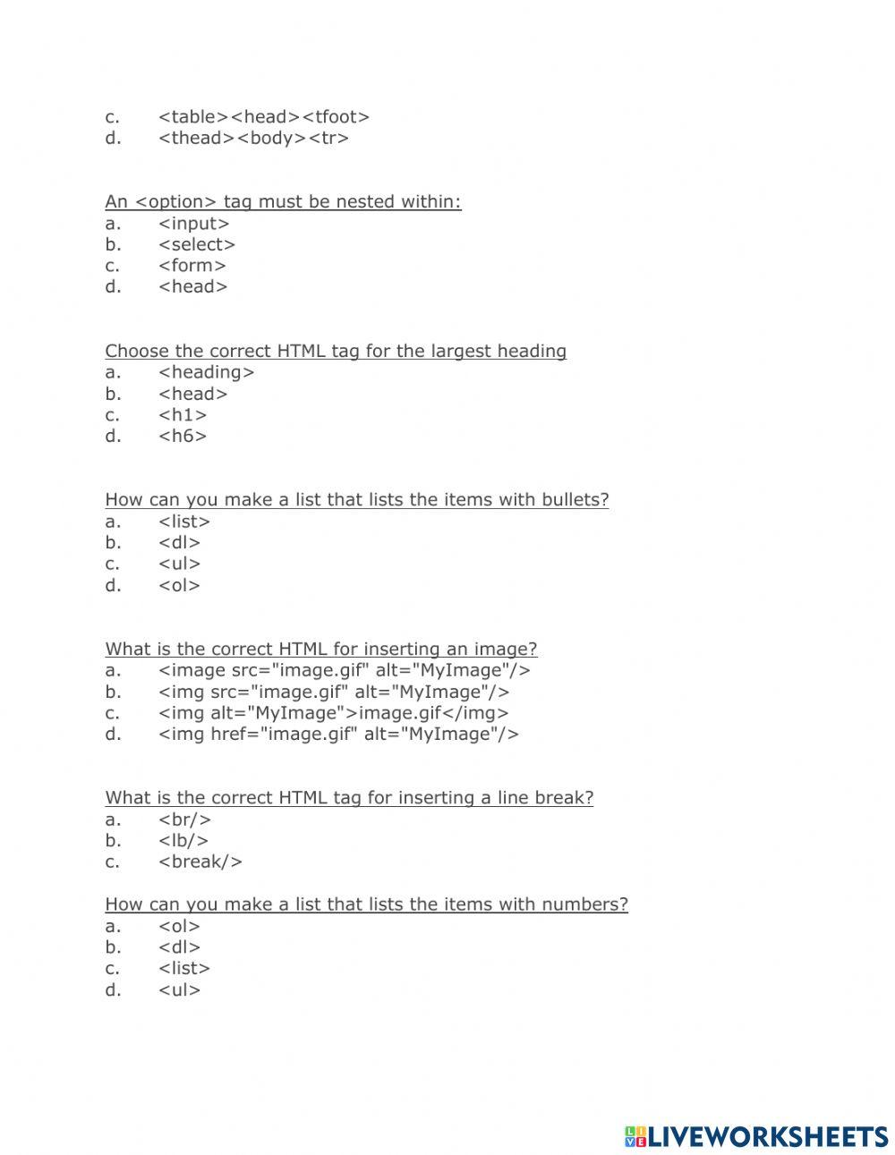 HTML worksheet-Study Guide