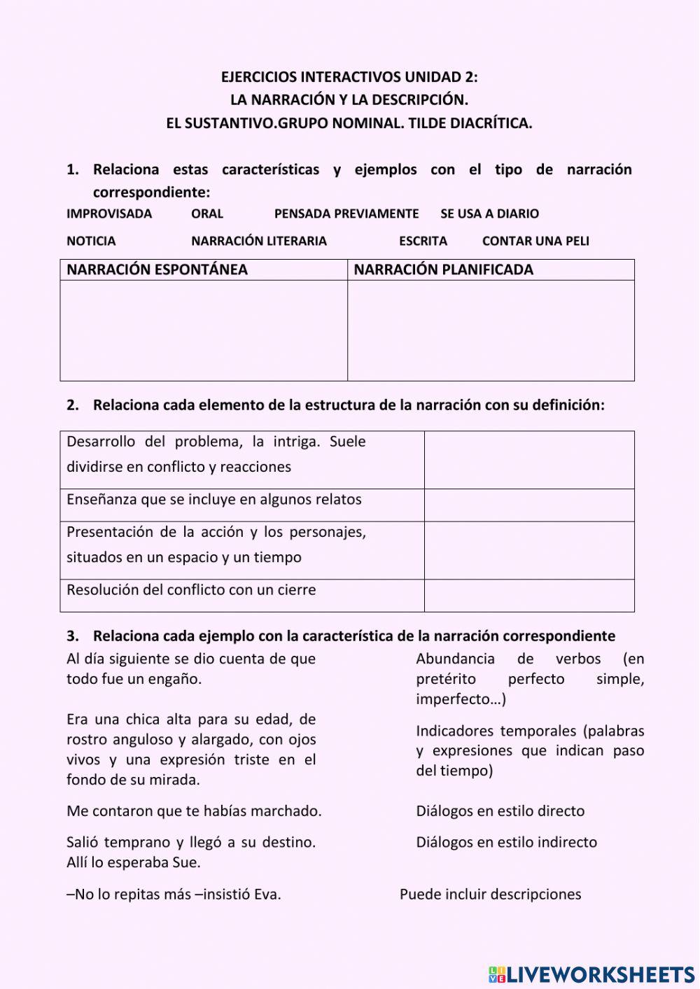Unidad 2. narración y descripción. el sustantivo. la tilde diacrítica. el sustantivo, el sintagma nominal