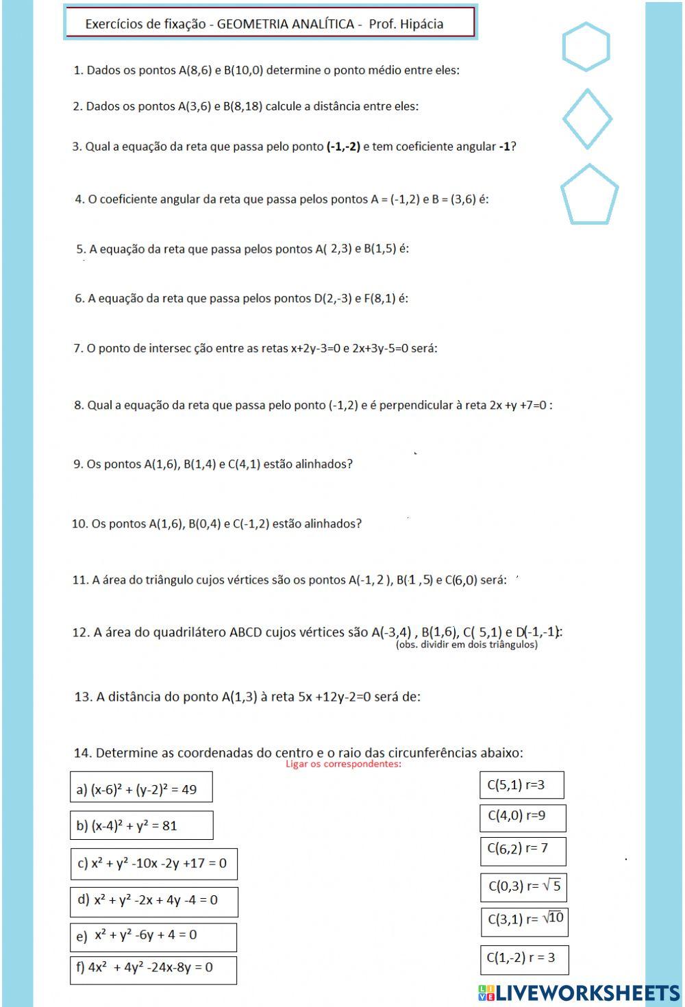 Geometria Analítica Exercícios de fixação