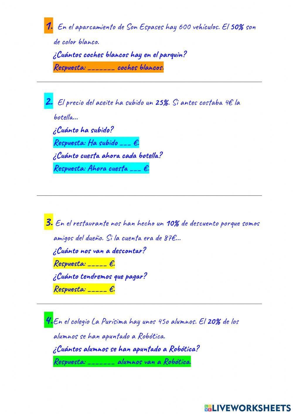 Problemas de porcentajes sencillos