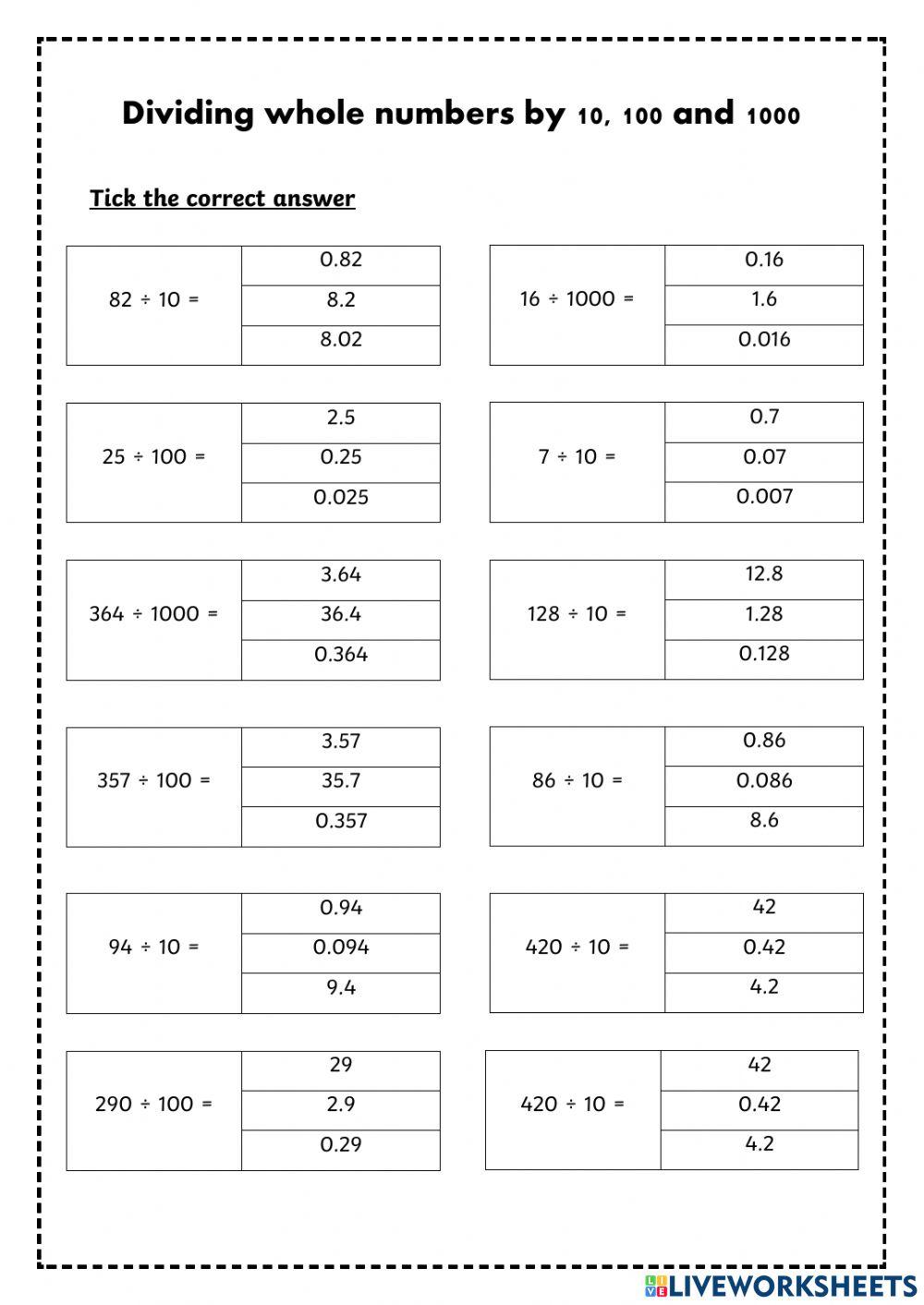 2237714 dividing whole numbers by 10 100 and 1000