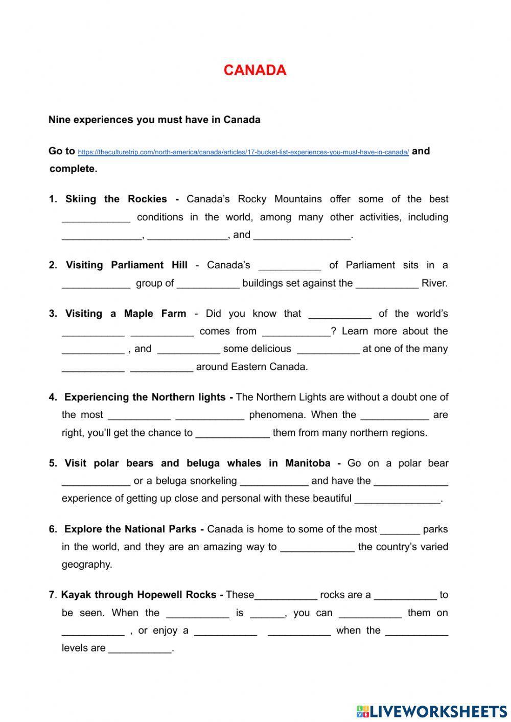 Canada - Nine experinces you must have