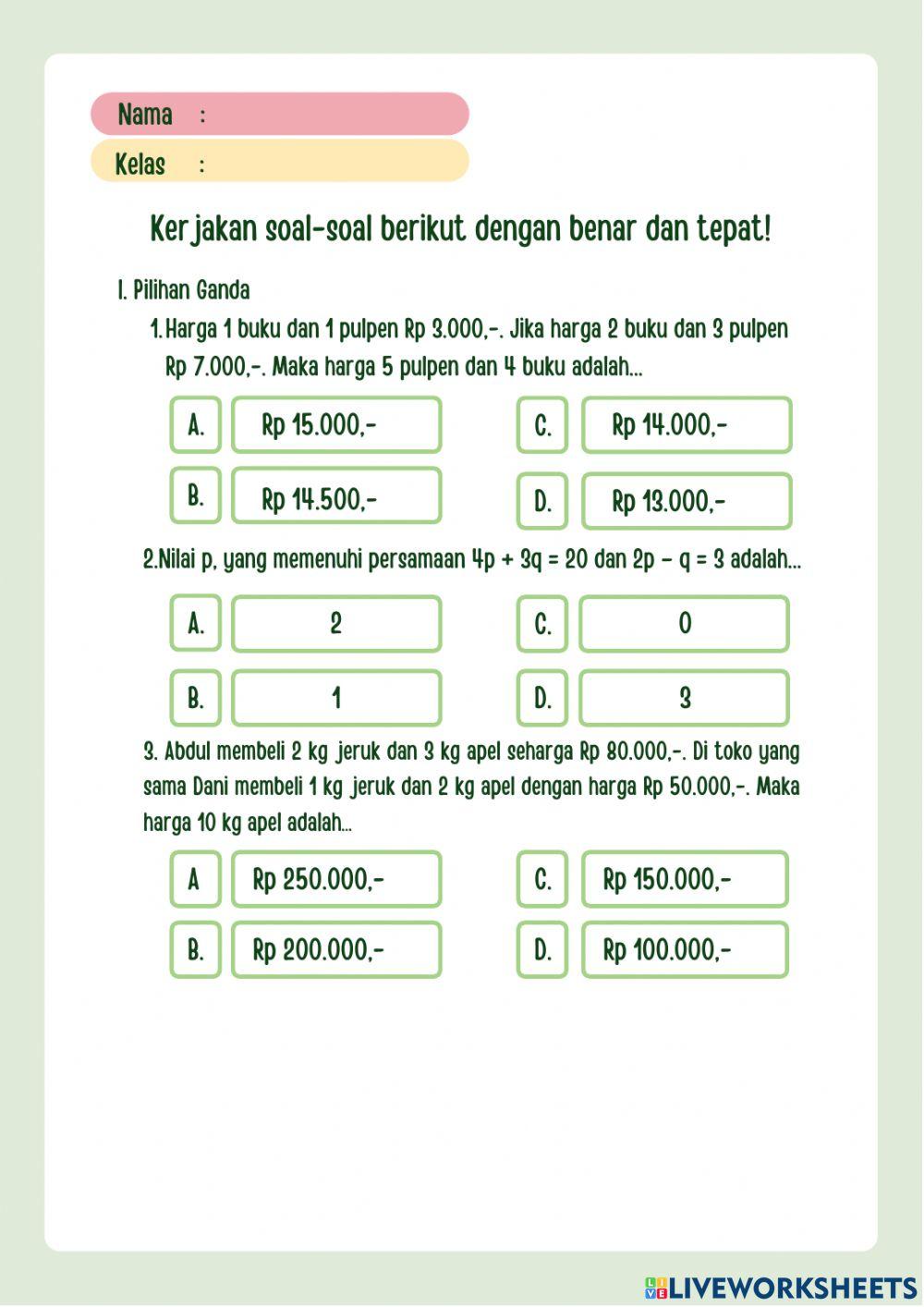 LKPD Sistem Persamaan Linear Dua Variabel