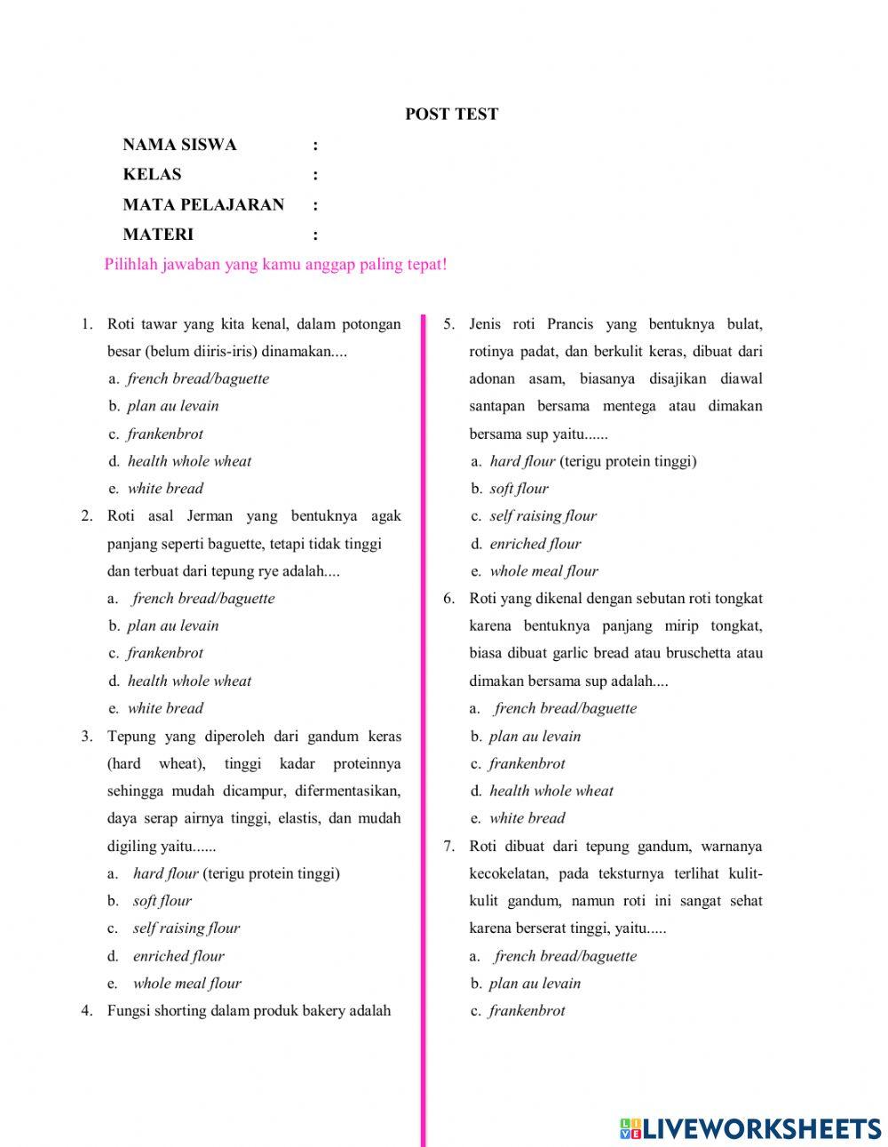 Post test roti worksheet | Live Worksheets