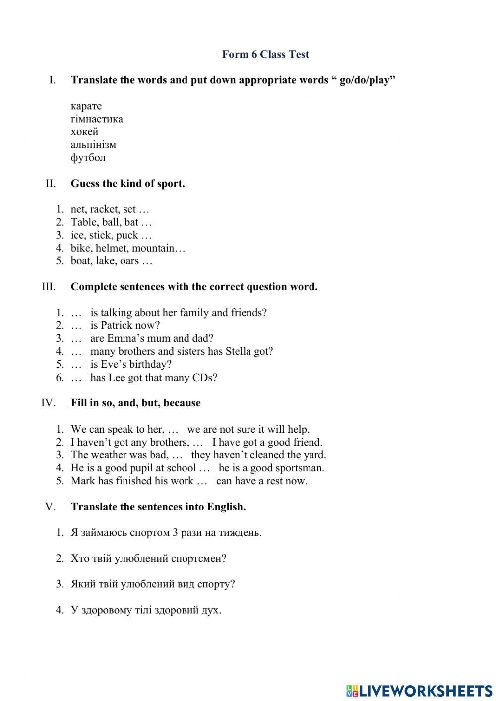 Test Sport 6th form online exercise for | Live Worksheets