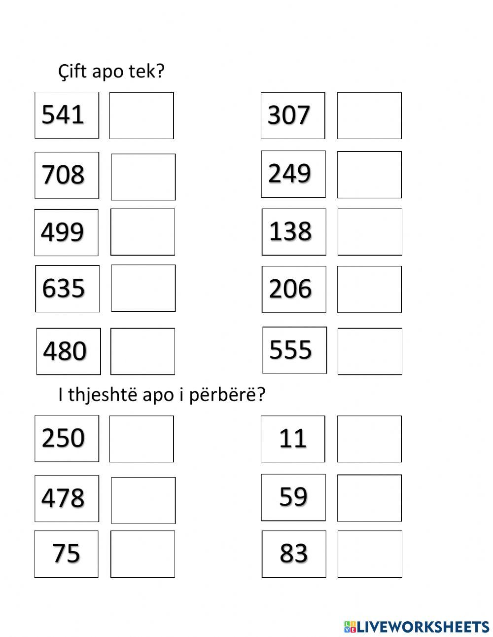 Numrat çift dhe tek, numrat e thjeshtë dhe numrat katrorë