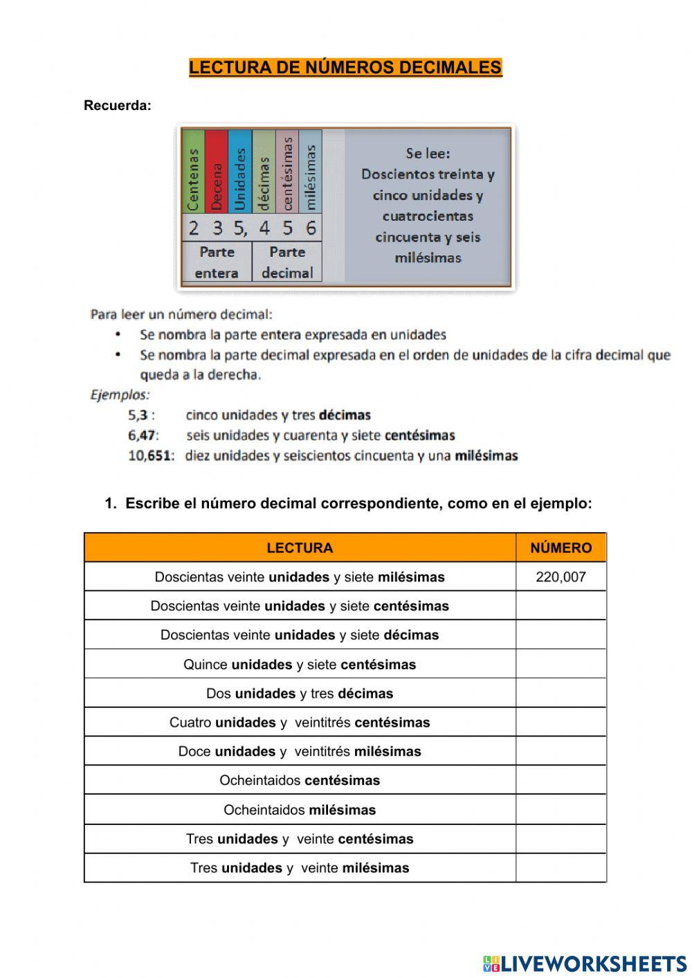 Lectura números decimales