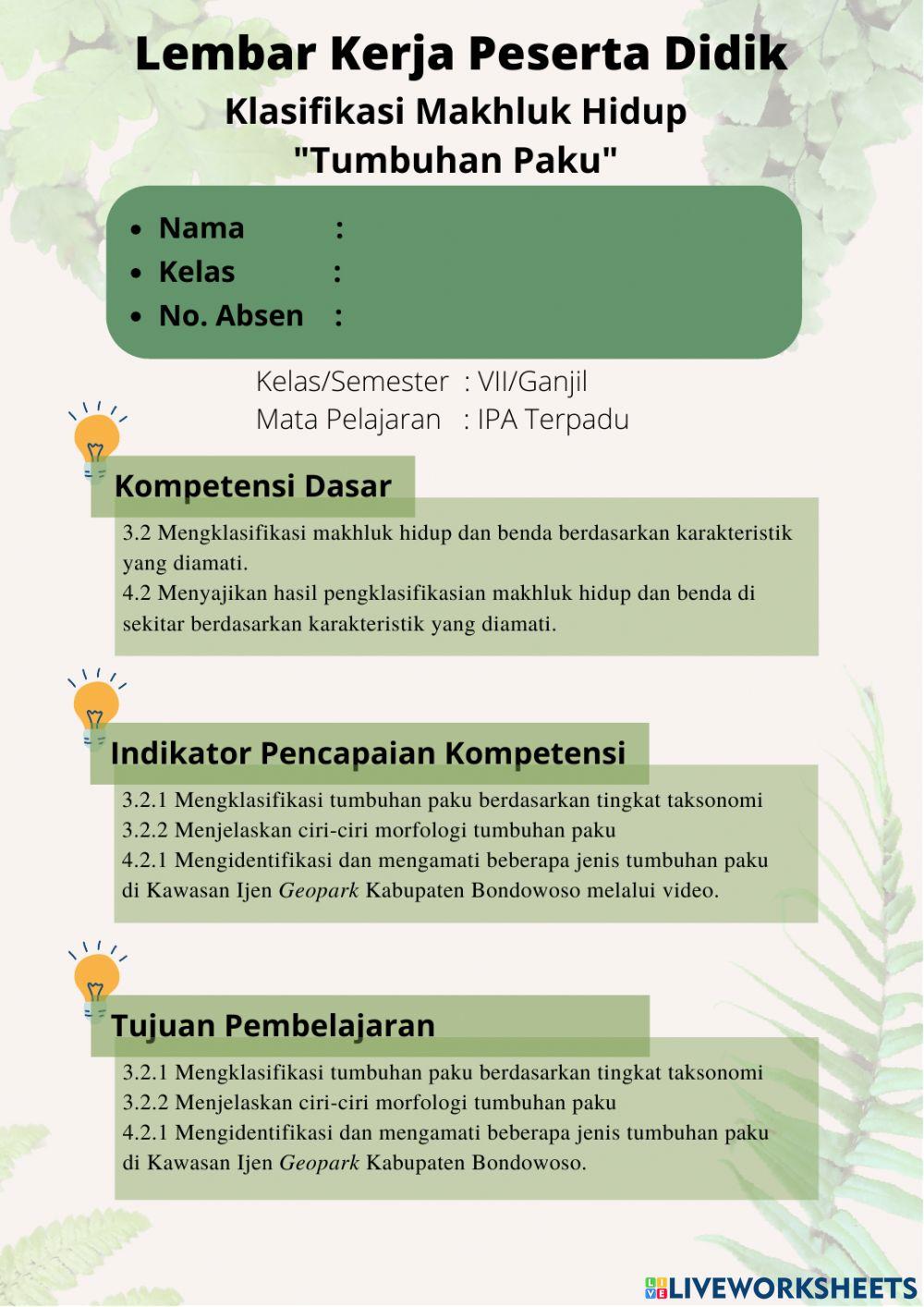 E-lkpd klasifikasi makhluk hidup - tumbuhan paku di kawasan ijen geopark bondowoso