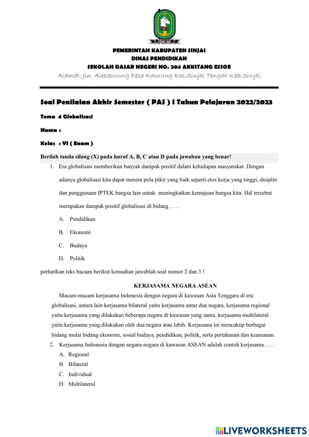PAS Tema 4 Kelas 6 SDN 204