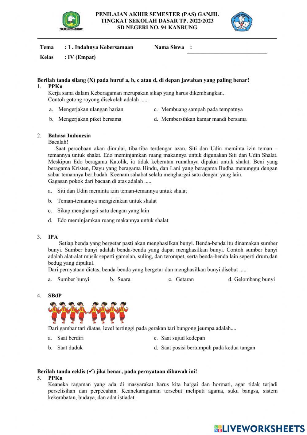 PAS sms 1 tema 1 kelas 4 sdn 94