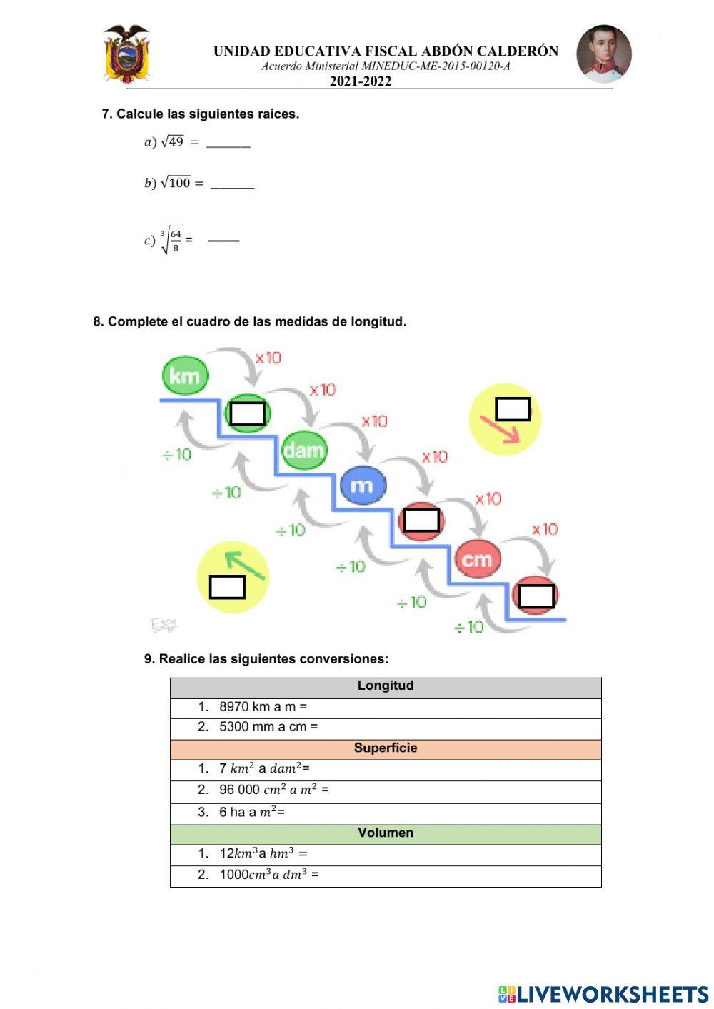Examen Matemática - Primer Quimestre