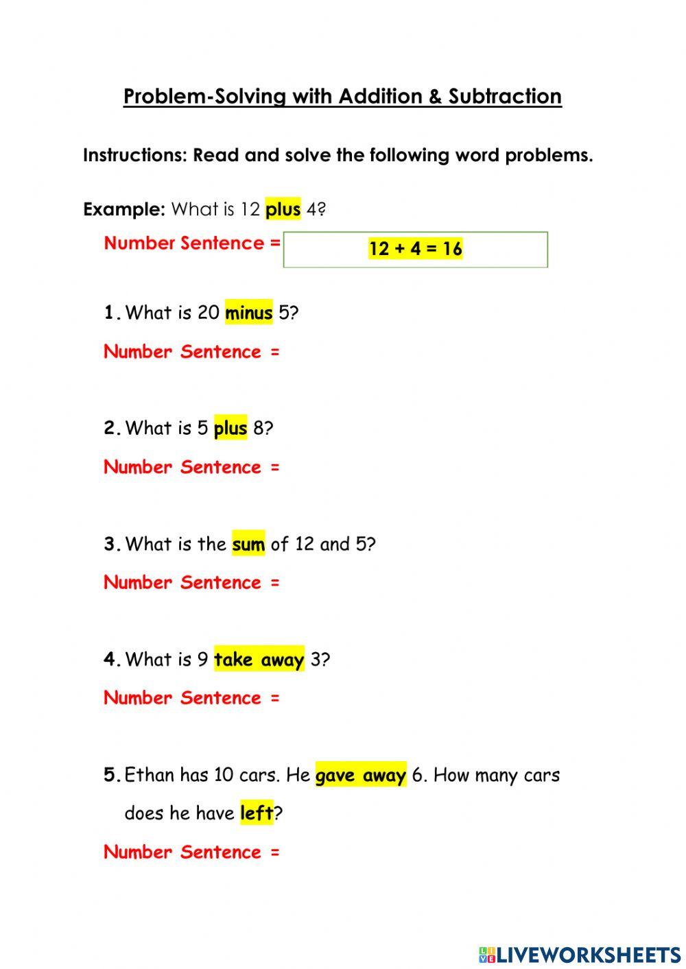 Problem-solving With Addition - Subtraction online exercise for | Live ...