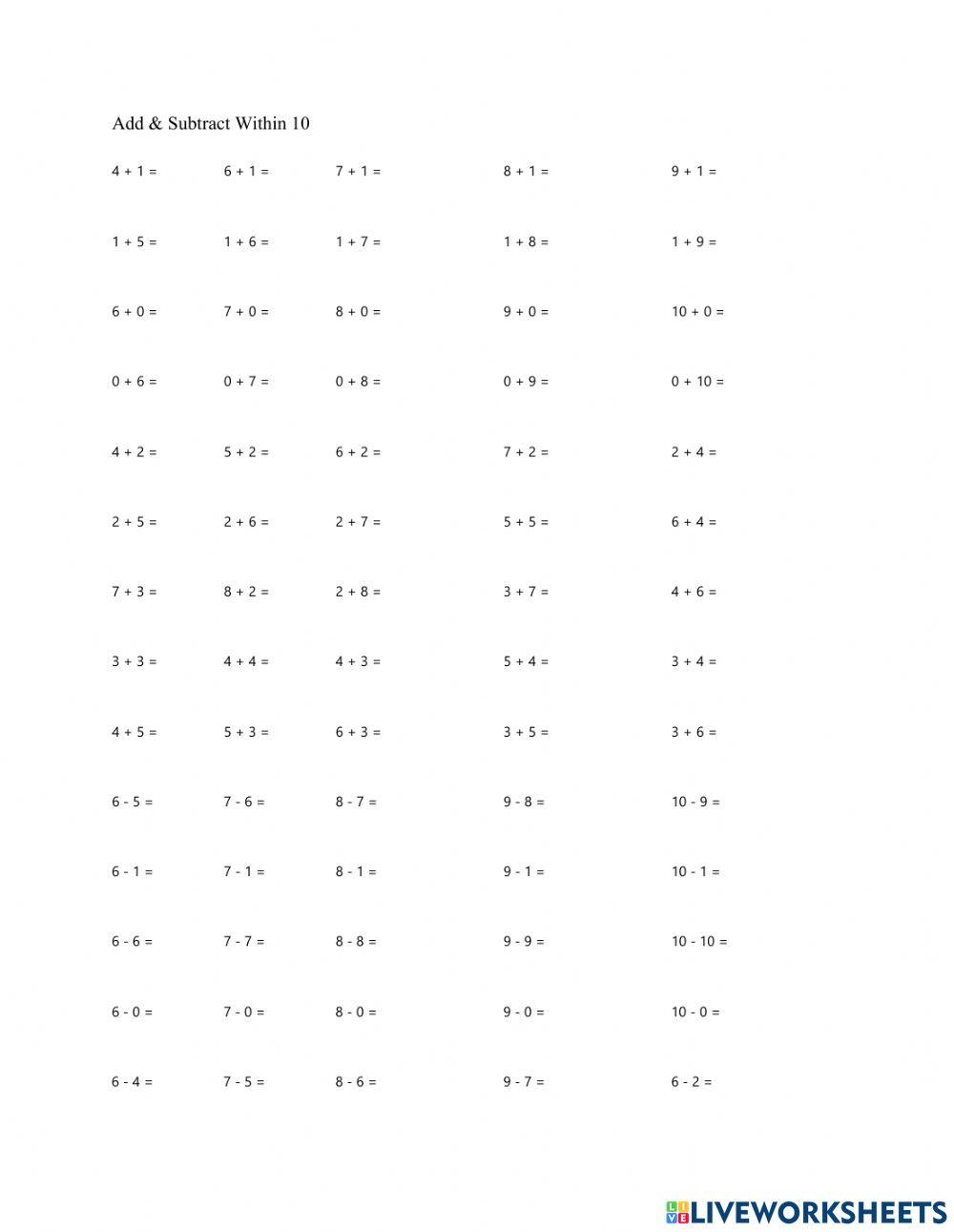 Add subtract online worksheet live worksheets
