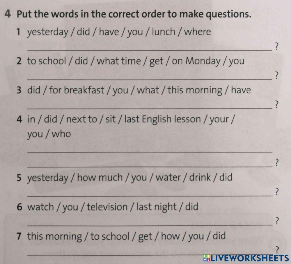 Past Simple Interrogative (WB:p77, ex.4)