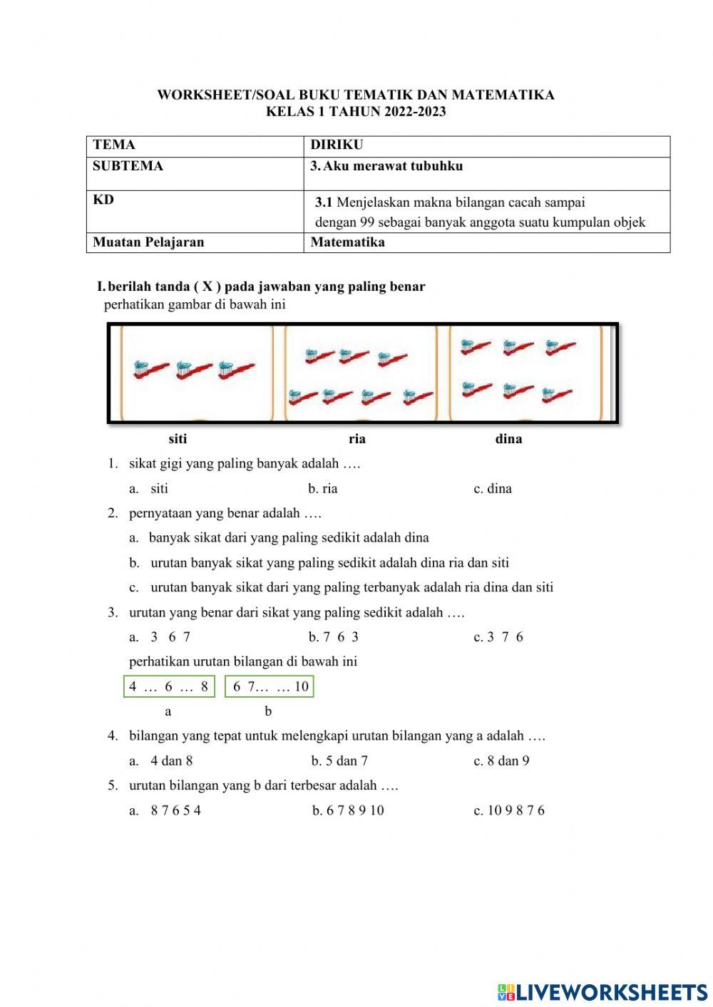 Tematik Kelas 1 Tema 1 - Matematika
