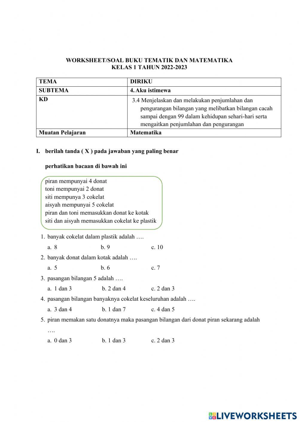 Tematik Kelas 1 Tema 1 - Matematika