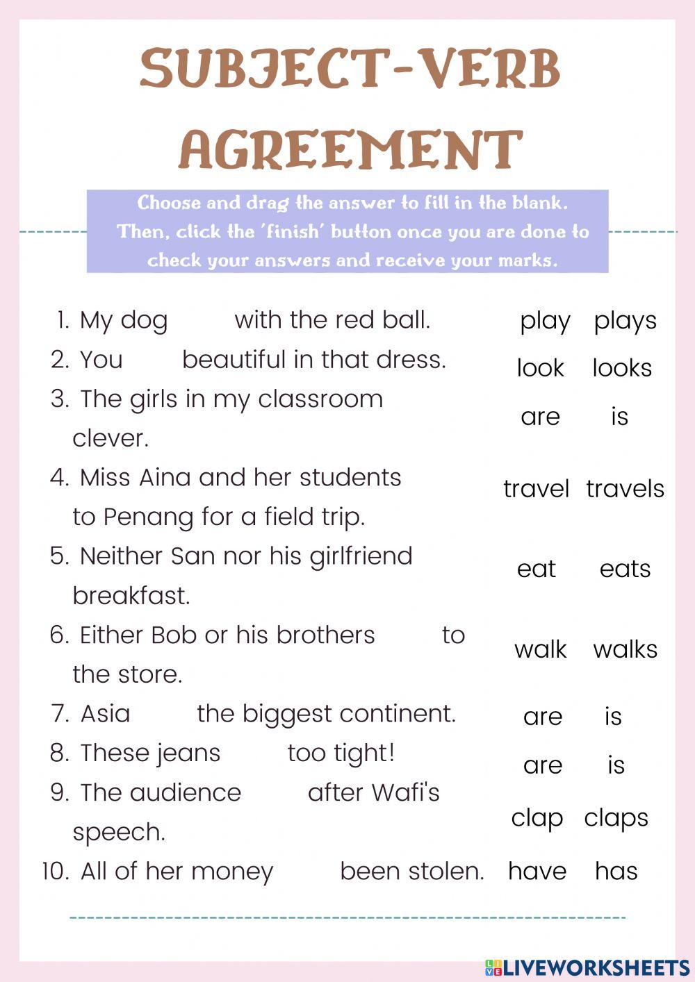 Esl Subject Verb Agreement Worksheets