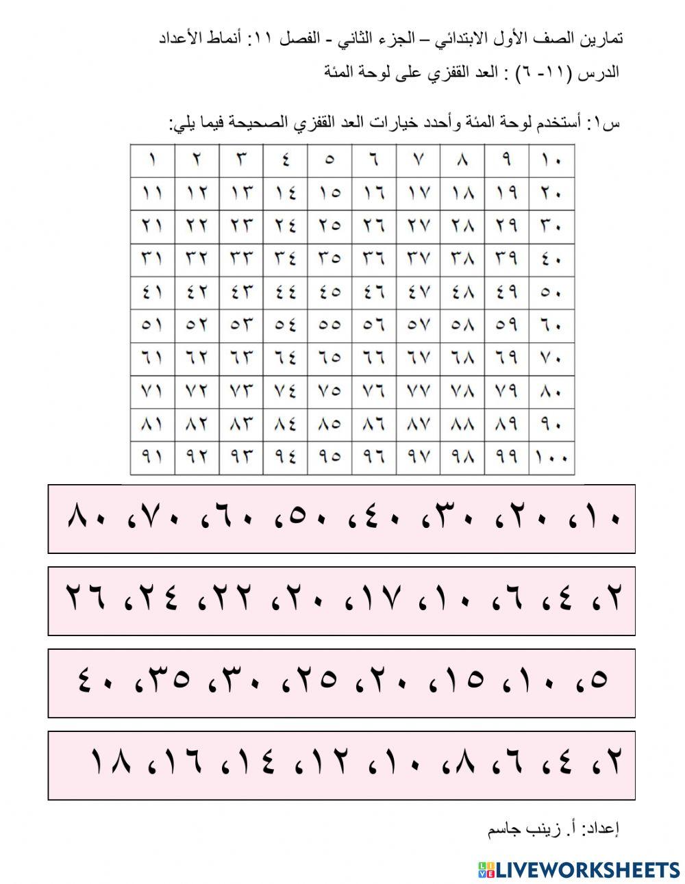 العد القفزي على لوحة المئة