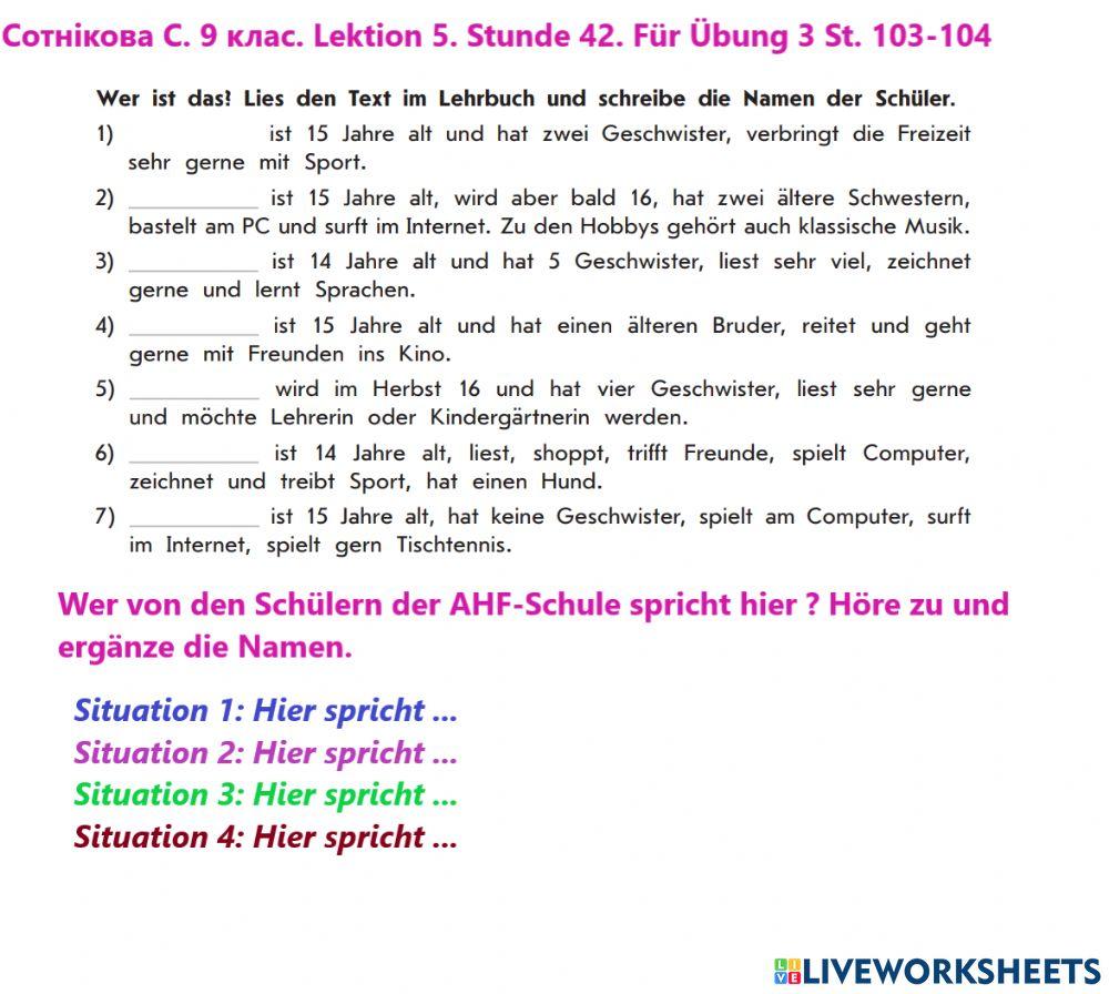 Сотнікова С. 9 клас.Lektion 5.Stunde 42 für Übung 3 St.103 -104