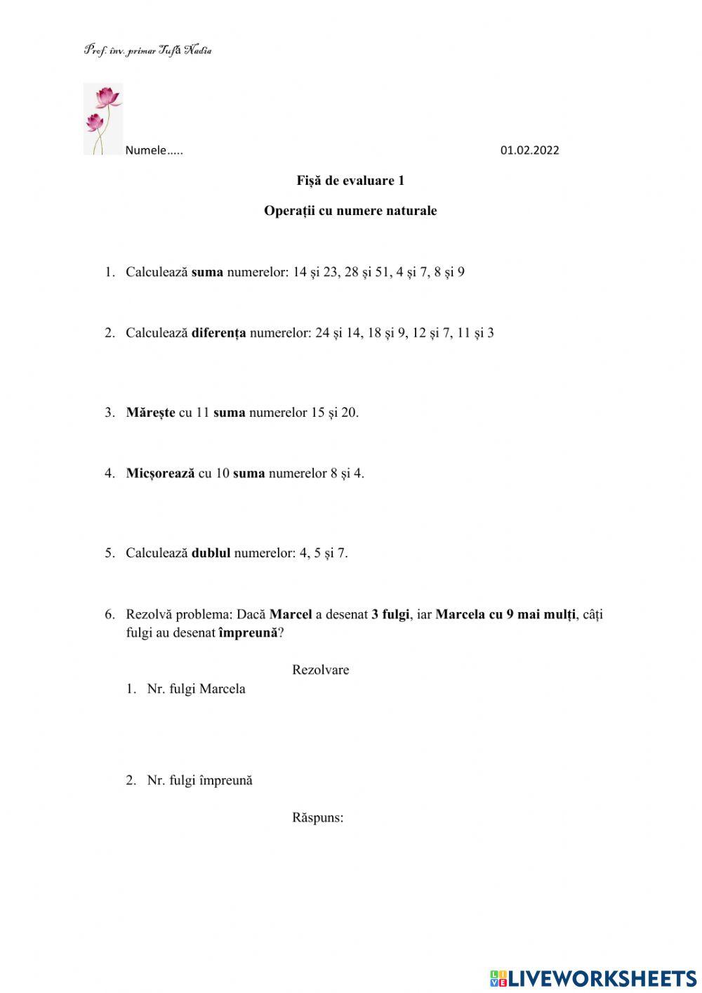 Operații cu numere naturale 0-100